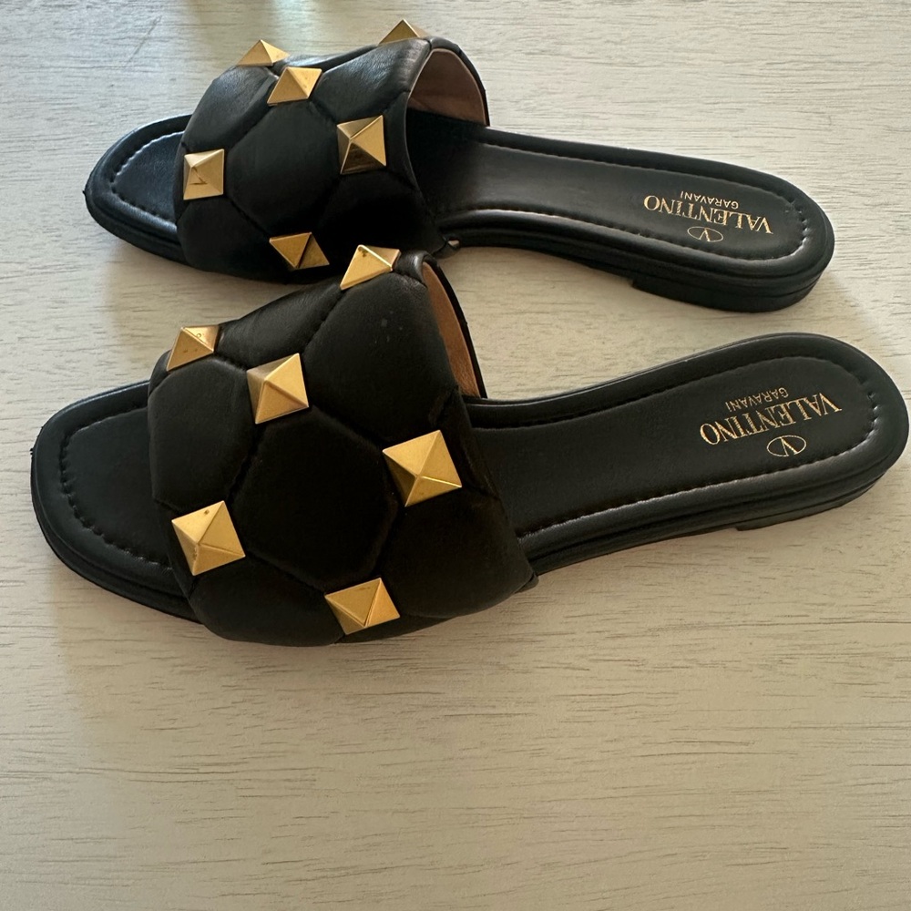 Valentino Black and Gold Studded Sandals - Picture 2 of 3